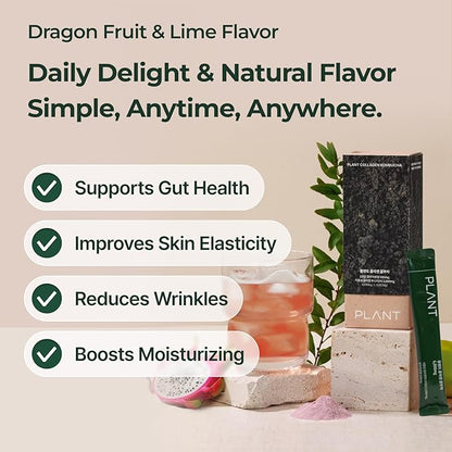 PLANT Vegan Collagen Peptide Kombucha Powder Probioitics & Vitamin C | Tripeptide Vegetarian Collagen Booster 2000mg, Dragonfruit Lime | 15 Packets, Gut & Skin Health Anti-Aging Hydration Drink Mix