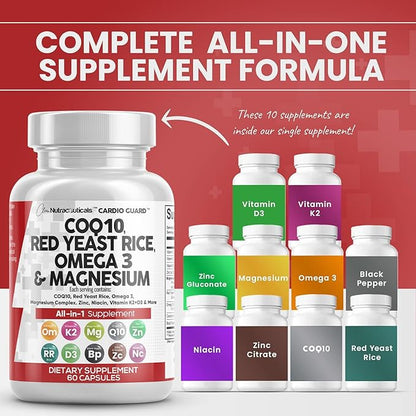Clean Nutraceuticals COQ10 200mg Red Yeast Rice Omega 3 Magnesium Complex 500mg Niacin Zinc Vitamin K2 D3 - Heart Support Vitamins for Women & Men w/Vitamin B3, Coenzyme Q10-60 Ct