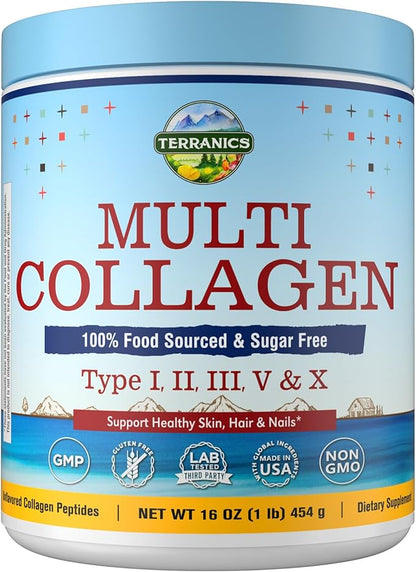 Terranics Multi Collagen Peptides Powder, Type I II III V X Hydrolyzed Collagen for Women+Men, Collagen Supplements for Skin Nail Hair, Fast Dissolve, Unflavored Colageno, No Sugar, Keto, 16oz