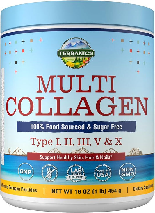 Terranics Multi Collagen Peptides Powder, Type I II III V X Hydrolyzed Collagen for Women+Men, Collagen Supplements for Skin Nail Hair, Fast Dissolve, Unflavored Colageno, No Sugar, Keto, 16oz