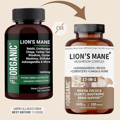 Lion’s Mane+ Mushroom Complex 1600mg - 120 Capsules - Supports Cognitive, Focus & Clarity Health with Ashwagandha, Reishi, Cordyceps & Chaga - Third-Party Tested, Vegan, Non-GMO, Gluten-Free