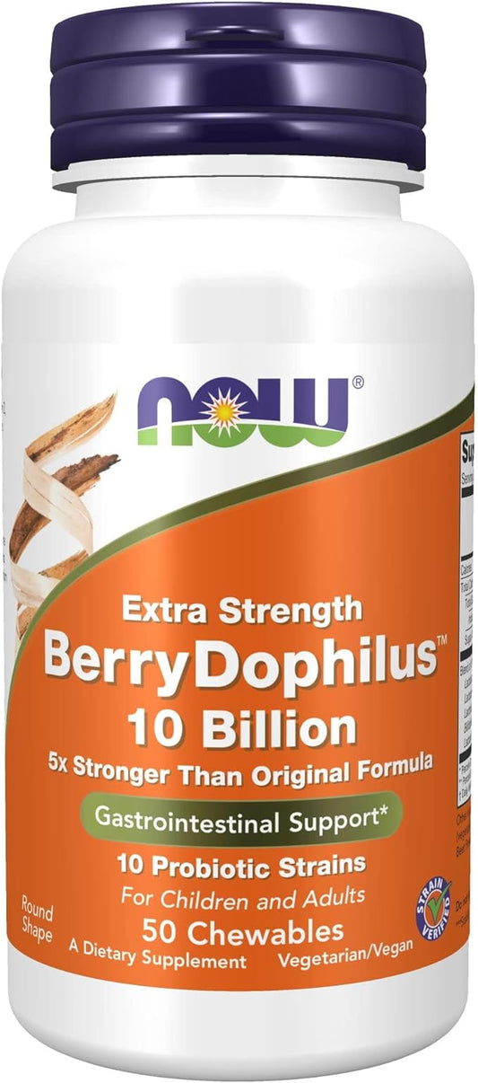 NOW Foods Supplements, BerryDophilus™, Developed for Adults & Children with 10 Probiotic Strains, Extra Strength,Strain Verified, 50 Chewables