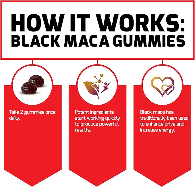 Force Factor Black Maca Gummies, 3-Pack, Black Maca Root to Enhance Male Vitality, Increase Energy & Strength, with BioPerine for Superior Absorption, Delicious Passion Berry Flavor, 180 Gummies