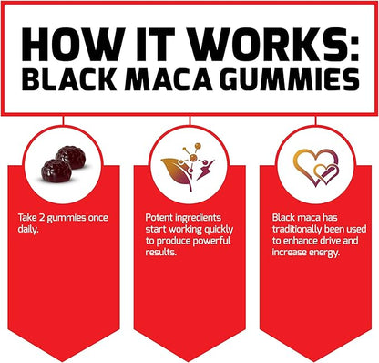 Force Factor Black Maca Gummies, 3-Pack, Black Maca Root to Enhance Male Vitality, Increase Energy & Strength, with BioPerine for Superior Absorption, Delicious Passion Berry Flavor, 180 Gummies