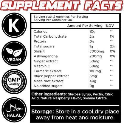 Pure Himalayan Shilajit Gummies, No Added Sugar, Ashwagandha, Maca Root, Turmeric Extract with Vitamin C, Non-GMO, 100% Natural & Organic (60 Count, Mix Berry)