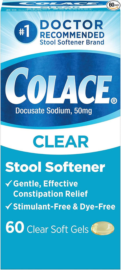 Colace Clear Stool Softener Soft Gel Capsules Constipation Relief 50mg Docusate Sodium Doctor Recommended 60ct