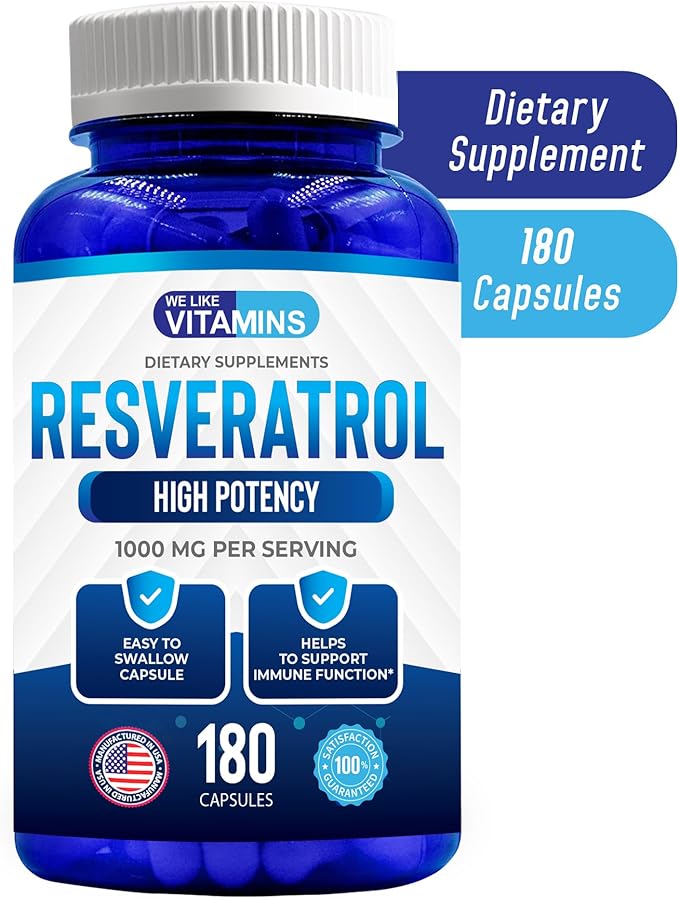 We Like Vitamins Resveratrol 1000mg per Serving - 180 Easy to Swallow Veggie Capsules - Natural Resveratrol Supplement 1000mg - Antioxidant Supplement Helps Support Anti-Aging and Immune System