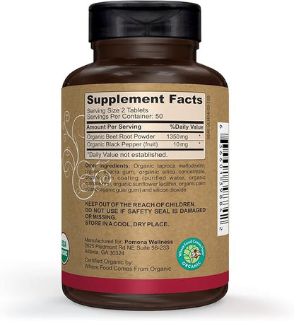 Pomona Wellness Beetroot Supplement Powder 1350mg, Supports Blood Pressure, Heart Health, Circulation, Energy & Athletic Performance, USDA Organic, Non-GMO, Vegan, 100 Tablets