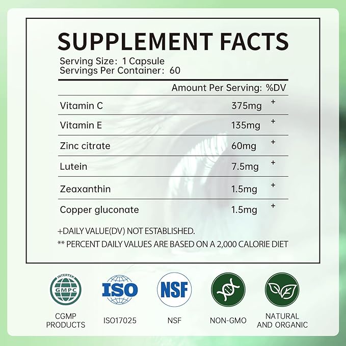 Lutein Eye Vitamins - Eye Health Supplements for Macular Pigment & Dry Eye, Contains Lutein, Zeaxanthin, Zinc, Vitamins C & E to Adult Support Healthy Vision (60 Capsules)