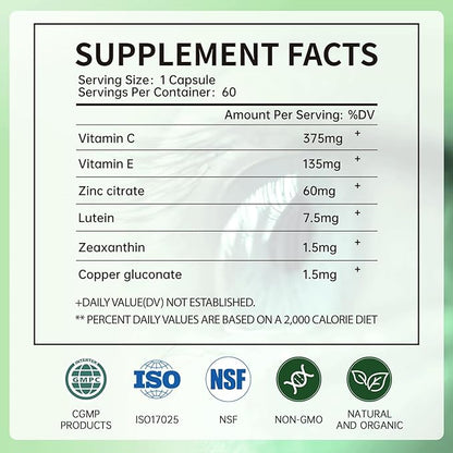 Lutein Eye Vitamins - Eye Health Supplements for Macular Pigment & Dry Eye, Contains Lutein, Zeaxanthin, Zinc, Vitamins C & E to Adult Support Healthy Vision (60 Capsules)