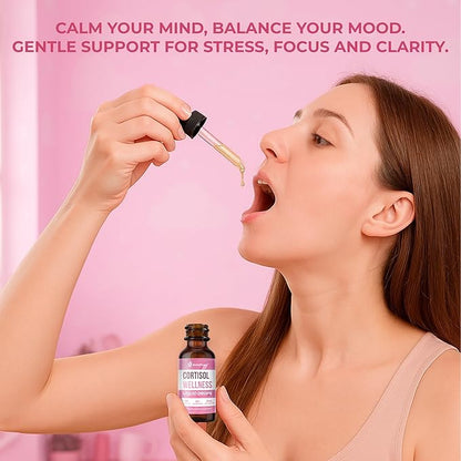 Cortisol Supplements for Women Liquid Drops - Hormone Balance & Mood Support for Women – Ashwagandha, GABA, Magnesium Glycinate, Rhodiola, 5-HTP – Sugar Free, Vegan, Non-GMO - 2 fl oz