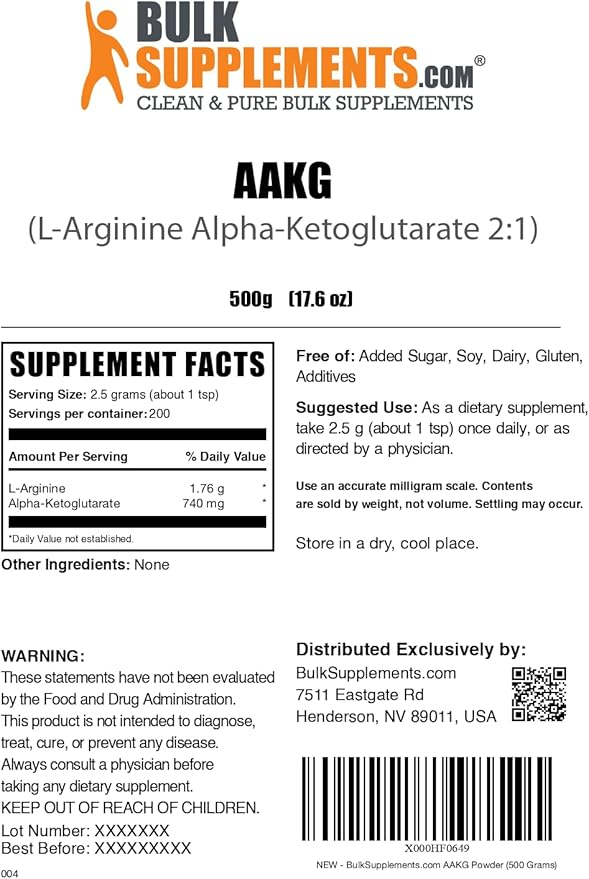BulkSupplements.com AAKG Powder - Arginine AKG Supplement,Nitric Oxide Supplement - Unflavored & Gluten Free, 2.5g per Serving, 500g (1.1 lbs) (Pack of 1)