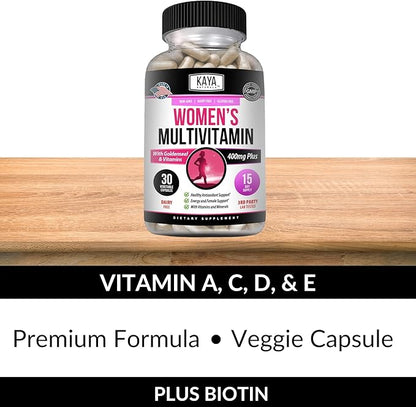 Kaya Naturals Women's Multivitamin, Overall Healthy Antioxidant, and Immune Support, Vitamins A, D, C, E, Biotin, Folic Acid, & Multi-Mineral, Energy & Metabolism Vitamin Supplement 30 Count
