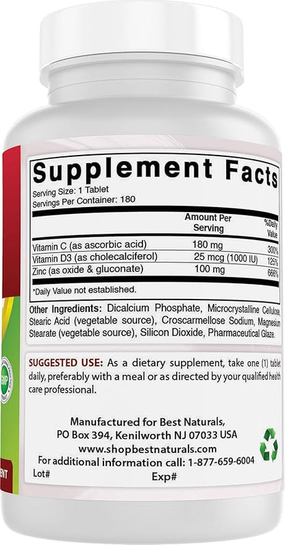 Best Naturals Zinc 100 mg with Vitamin C & D3 180 Tablets Gluten Free and Non-GMO