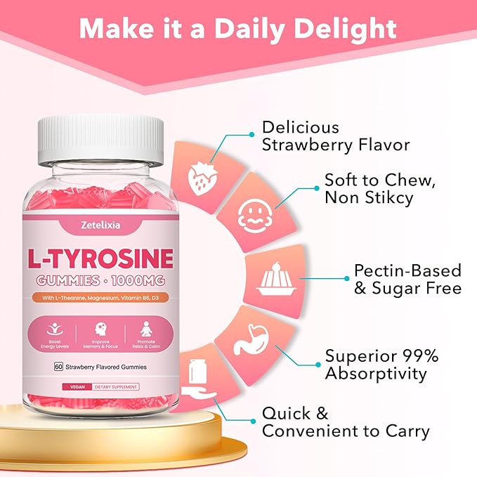 L Tyrosine Gummies, L-Tyrosine Supplement Gummies, L-Theanine Gummies with Vitamin B6 D3, Focus Gummies Support Brain, Memory, Energy, Mood for Adult & Kids, Strawberry Flavor, 60 Count