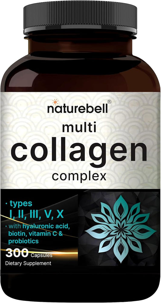 NatureBell Multi Collagen Complex, 300 Capsules | 5 Collagen Peptides (Type I, II, III, V, X) Plus Hyaluronic Acid, Biotin, Vitamin C, & Probiotics – Hair, Skin, Nail, Joint, & Gut Health Support
