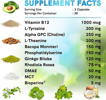 12-in-1 Nootropic Brain Supplement Anhydrous: Ginkgo Biloba for Brain Support, Memory and Focus - B12, Alpha GPC, L Theanine and Choline Supplements with Bioperine non Caffeinated 1321mg (180ct)