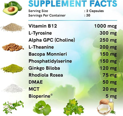 12-in-1 Nootropic Ginkgo Biloba for Brain Support, Memory and Focus - B12, Alpha GPC, L Theanine and Choline Supplements with Bioperine Non Caffeinated 1321mg (60ct)