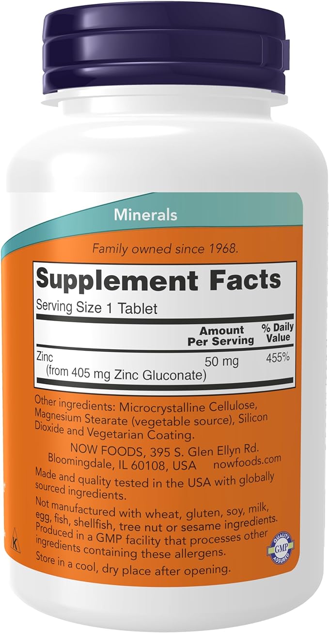 NOW Supplements, Zinc (Zinc Gluconate) 50 mg, Supports Enzyme Functions*, Immune Support*, 250 Tablets (Pack of 2)