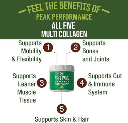 Peak Performance All 5 Multi-Collagen Protein Powder Peptides Multi-Collagen Contains All Types I, II, III,V, X. Keto, Paleo Friendly with Hydrolyzed Bovine, Marine, Chicken, Bone Broth Collagens