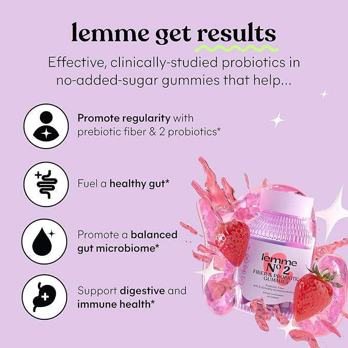 Lemme No. 2 Fiber & Probiotic Gummies for Adults, Promotes Regularity & Digestive Health, No Sugar Added Strawberry Flavor, 4g Prebiotic Fiber & Clinically Studied Probiotic Strains, (60 Count)
