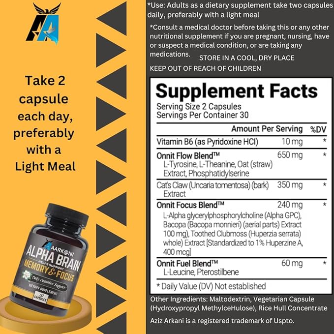 Aarkani Alpha Brain Nootropic Supplement for Memory, Focus & Mental Clarity – Cognitive Boost for Students, Professionals & Gamers – Caffeine, Alcohol & Gluten-Free (60 Capsules)
