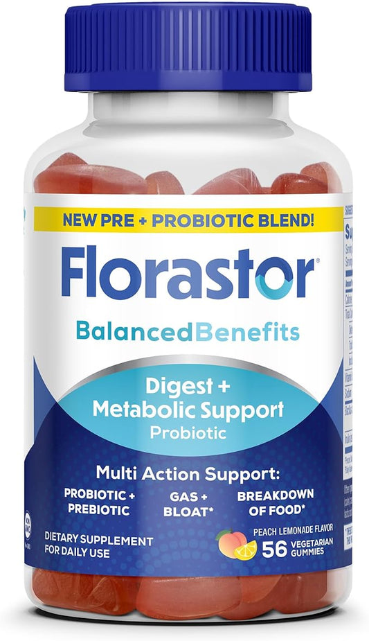 Florastor Digestive and Metabolic Support Probiotic Blend, Prebiotic and Probiotic Gummies for Multi-Action Digestive Health Care, with Vitamin B12, 56 Gummies