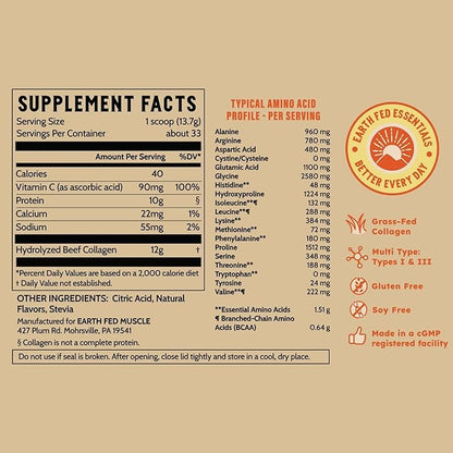 Earth Fed Muscle Lemonade Collagen Peptides - Hair, Skin, Joints, 33 Servings