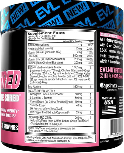 EVL Ultimate Pre Workout Powder - Thermogenic Fat Burn Support Preworkout Powder Drink for Lasting Energy Focus and Stamina - ENGN Shred Intense Creatine Free Preworkout Drink Mix - Pink Lemonade