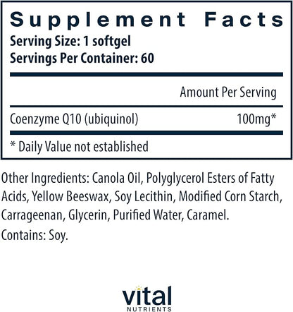Vital Nutrients Ubiquinol CoQ10 100mg | Activated Form of Coenzyme Q10 | Potent Antioxidant to Support Cardiovascular and Brain Health* | Gluten and Dairy Free | 60 Vegetarian Softgels