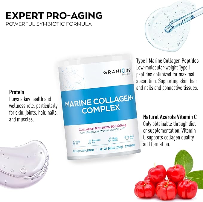 Marine Collagen Powder Supplement - 10g Type I Hydrolyzed Collagen Peptides with Natural Acerola Vitamin C Antioxidant- Pro-Aging Hair, Skin and Nails Vitamins for Women Supplements - 9.8oz