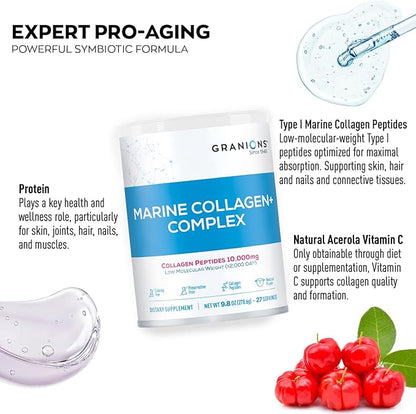 Marine Collagen Powder Supplement - 10g Type I Hydrolyzed Collagen Peptides with Natural Acerola Vitamin C Antioxidant- Pro-Aging Hair, Skin and Nails Vitamins for Women Supplements - 9.8oz
