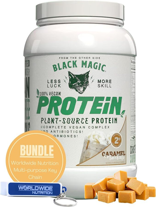 Worldwide Nutrition Bundle Compatible with Black Magic Multi-Source Protein Powder - Vegan Caramel Macchiato | High Protein Powder, Low Carb, Low Sugar | Whey, Egg & Casein Blend - 2 LB with Keychain