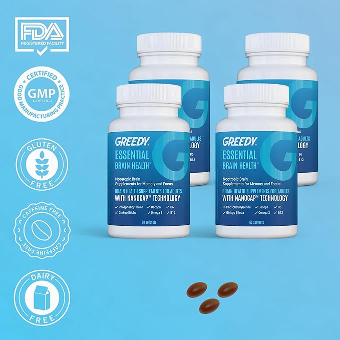 Nootropic Brain Supplements for Memory and Focus – Brain Health Supplements for Adults with NanoCap® Technology, Phosphatidylserine, Bacopa, Ginkgo Biloba, Omega 3, B6 B12, 60 Softgels by Greedy®