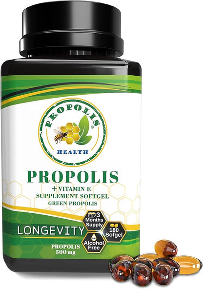 Propolis Health Propolis Capsules 1000mg-Daily with Vitamin E Per 2 Capsules - Brazilian Green Propolis Extract - Immune Booster 50 Days Supply Propolis Capsules (180 Capsules)