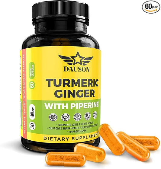 Turmeric Ginger Piperine Supplement – High Bioavailability Curcumin for Joint, Gut, Heart, Brain & Skin Health Support | Immune Booster | 60 Capsules