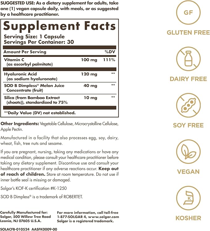 Solgar Cellulite Fighter Age-Defying Nutrition for Women—Promote Beautiful Skin with French Melon Concentrate + Hyaluronic Acid and Vitamin C, Once Daily, Vegan, Dairy, Soy, Gluten Free, 30 Servings
