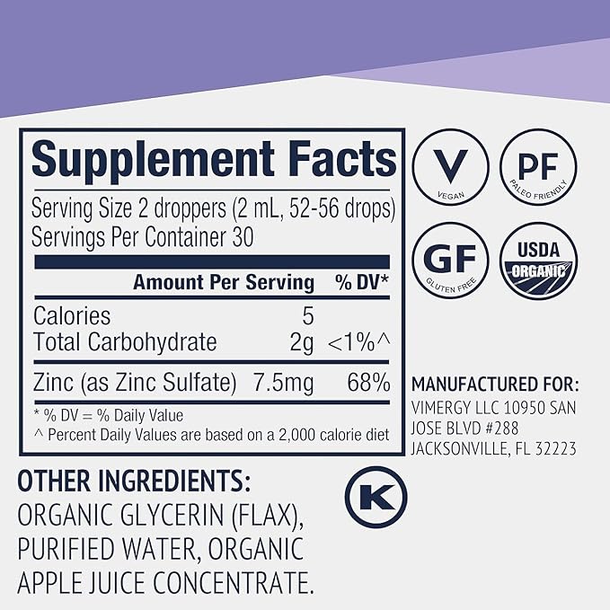 Vimergy Organic Zinc Supplements for Women & Men (7.5mg Liquid Zinc Per Serving) Fast-Absorbing Immune Support, Promotes Healthy Bones & Skin, USDA Certified Organic, Vegan, Up to 27 Servings (55 mL)