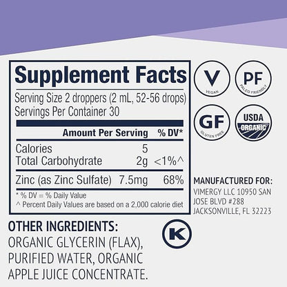 Vimergy Organic Zinc Supplements for Women & Men (7.5mg Liquid Zinc Per Serving) Fast-Absorbing Immune Support, Promotes Healthy Bones & Skin, USDA Certified Organic, Vegan, Up to 27 Servings (55 mL)