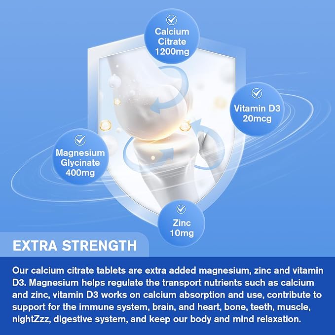 Calcium Citrate 1200mg Supplement with Vitamin D3 for Women and Men - Calcium Magnesium Zinc D3 Supplement for Bone, Teeth, Immune Support, Vegan-Friendly - 120 Tablets