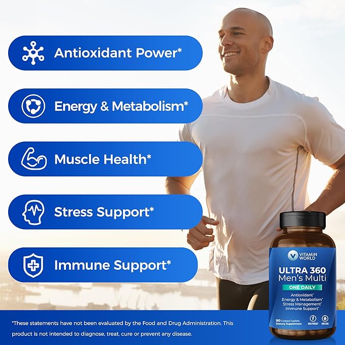 Vitamin World Ultra 360 Multivitamin for Men One Daily, Men's Multivitamin with Minerals, Herbs & Antioxidants, Daily Supplement with Vitamin A, C, D, E & Zinc for Energy & Immune Support, 90 Caplets