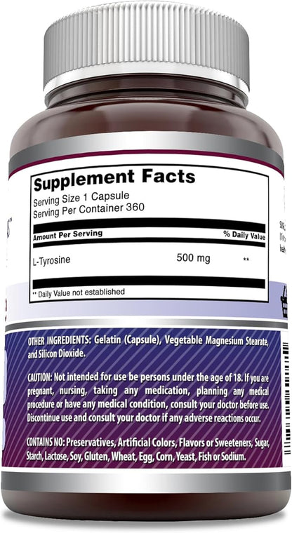 Amazing Formulas L-Tyrosine 500 mg Capsules | Amino Acid Supplement | Non-GMO | Gluten Free | Made in USA (360 Count)