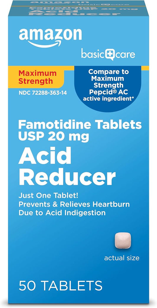 Amazon Basic Care Maximum Strength Famotidine Tablets 20 mg, Acid Reducer for Heartburn Relief, 50 Count