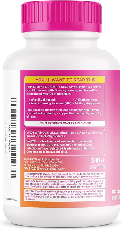 Pink Stork Total Prenatal Vitamins with DHA, Folate, and Iron, 3 Month Supply to Help Support Fetal Development, Pregnancy Must Haves - 180 Capsules