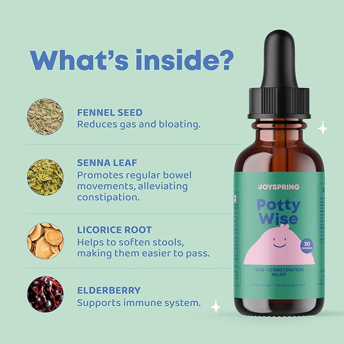JoySpring Potty Wise Drops – Natural Constipation Relief for Kids & Toddlers – Elderberry, Licorice Root Extract, Fennel Seed & Senna – Sugar-Free Vegan Liquid Blend Supplement (1 fl oz) 30 Servings