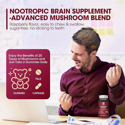 (2 Pack Mushroom Complex Gummies with Lions Mane, 20-in-1 Comprehensive Mushroom Supplement for Brain Health, Focus & Clarity, Vegan, Non-GMO, Raspberry Flavor, 120 Gummies