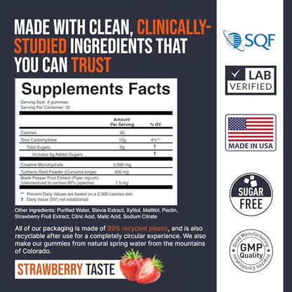 2 Pack Creatine Monohydrate Gummies 5000 mg, Fresh Strawberry Flavor, 120 Sugar-Free Vegan Chews, Creatine Supplement for Daily Routine