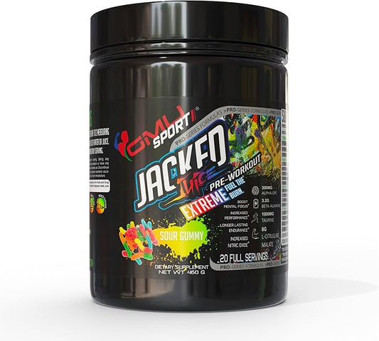 GMU SPORT Jacked Juice Pre Workout | Explosive Energy, Focus & Muscle Pumps | 8g Citrulline Malate, 3g Creatine, Beta Alanine, Alpha-GPC | 250mg Caffeine | 40 Servings Sour Gummy
