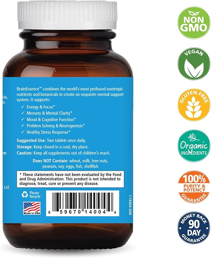 PURE ESSENCE LABS Brain Essence - Memory Supplement & Vitamin for Men, Women & Adults - Herbal Booster for Memory, Focus, Clarity & Stress Relief - Bacopa Monnieri, Ashwagandha & More (60 Tablets)