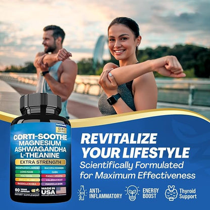Corti-Soothe Cortisol Supplement,Magnesium Glycinate 200mg, L-Theanine 150mg, Phosphatidylserine 50mg & Manager Lions Mane Holy Basil Ginkgo Biloba Bacopa Monnieri Valerian (60 Capsules) DD